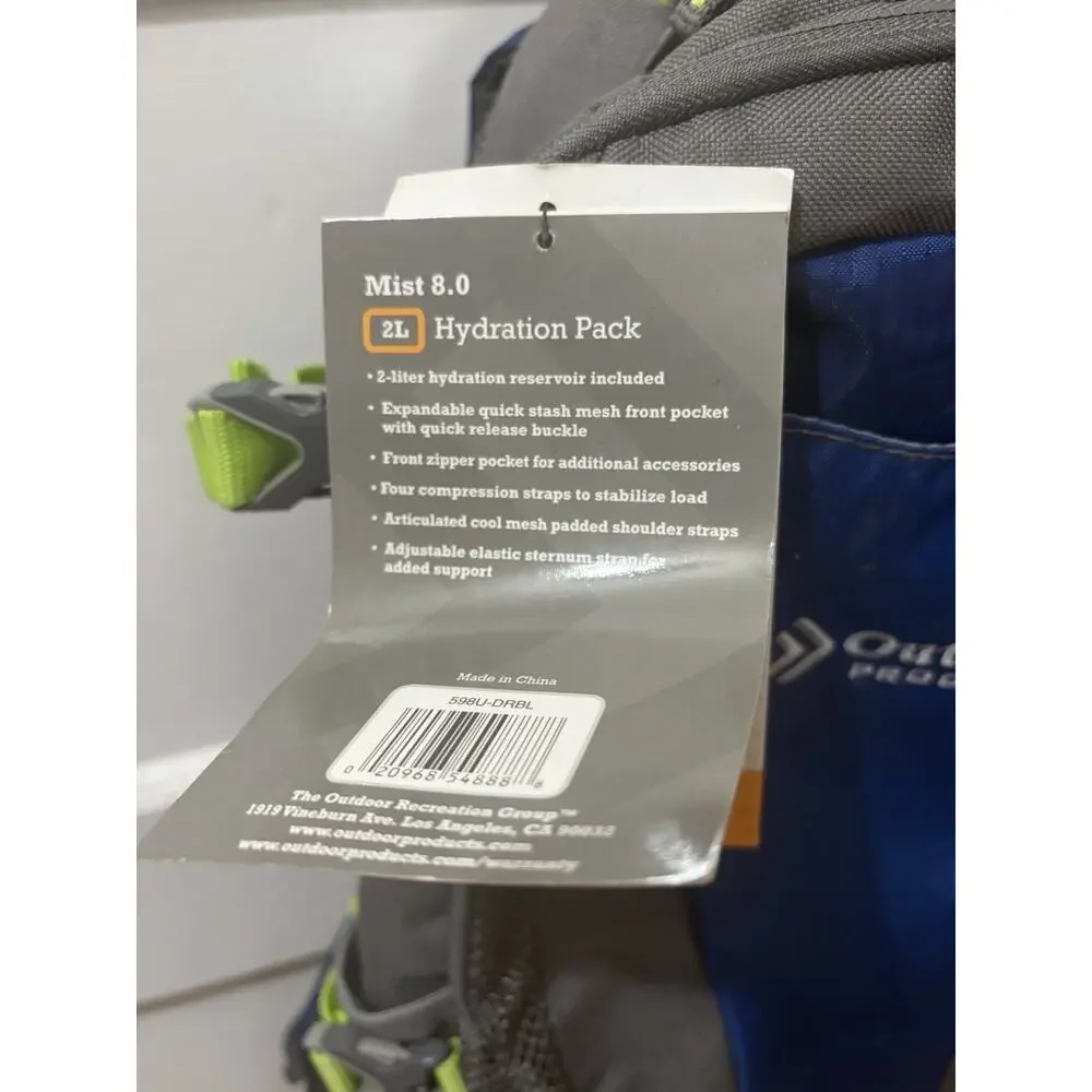 NWT OUTDOOR PRODUCTS MIST 8.0 HYDRATION BACKPACK BAG GRAY BLUE 2L HIKING CAMPING